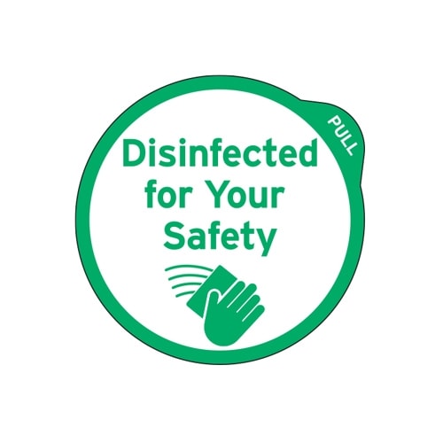 Round Disinfected Surface Decal, Green & White, Waterproof Plastic, 500 per Roll, 2 in Diameter